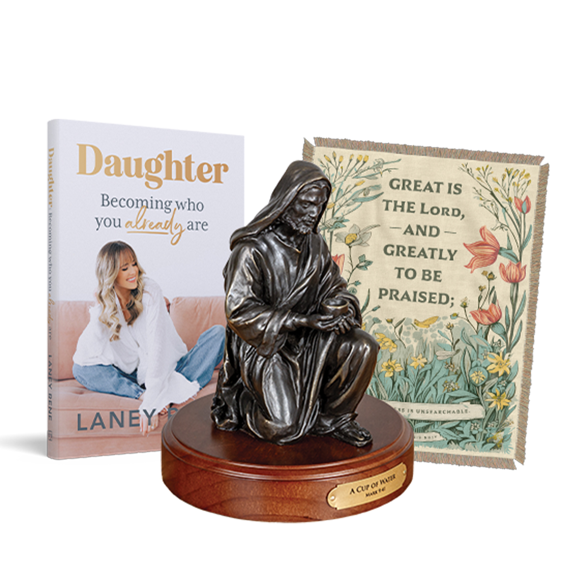 A Cup of Water bronze, Great is the Lord decorative blanket and Daughter